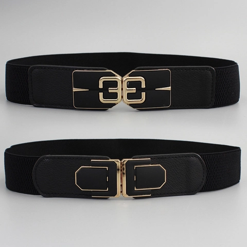Damen Elastischer Taillengürtel Schwarz Breiter Korsettgürtel Mit Goldener Legierungsschnalle Geometrisches Design Mode Gürtel