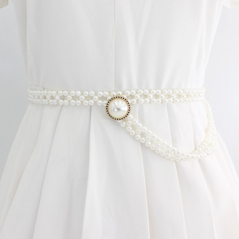 Elegante Cintura a Catena da Vita in Perle Artificiali Intrecciate a Doppia Fila per Donna Cintura Sottile Decorativa Regolabile per Abito Con Fibbia in Perla Rotonda Gancio in Lega d'Oro