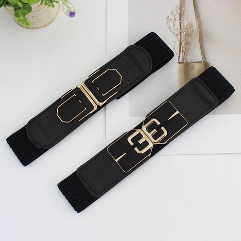 Damen Elastischer Taillengürtel Schwarz Breiter Korsettgürtel Mit Goldener Legierungsschnalle Geometrisches Design Mode Gürtel