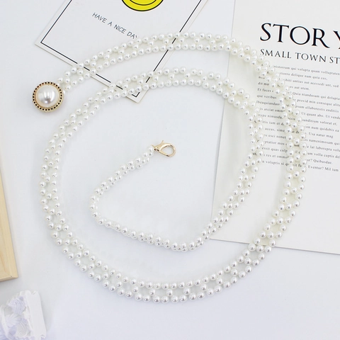 Elegante Cintura a Catena da Vita in Perle Artificiali Intrecciate a Doppia Fila per Donna Cintura Sottile Decorativa Regolabile per Abito Con Fibbia in Perla Rotonda Gancio in Lega d'Oro