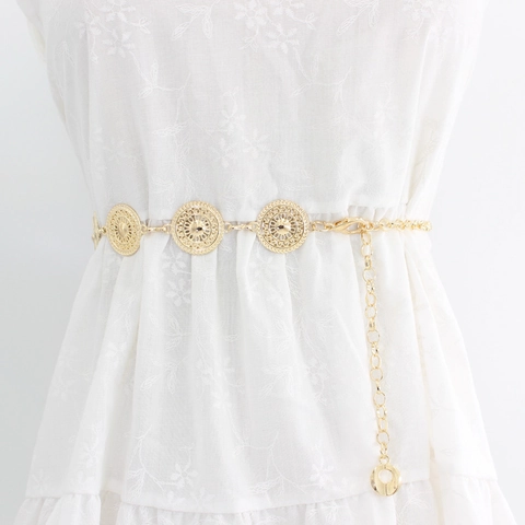 Vintage Damen Hohl Medaille Taillenkette Gürtel Verstellbare Metallgliederkette Gürtel Für Kleid Pullover Gold Silber Schmuck