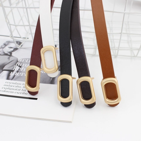 Women Minimalist PU Leather Skinny Belt Gold Oval Smooth Buckle Versatile Casual Waist Strap For Jeans Decorative Accessory