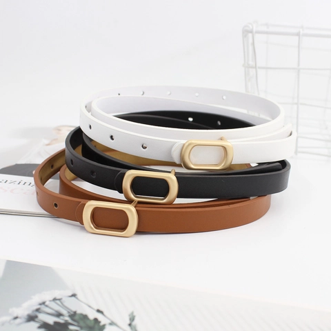Women Minimalist PU Leather Skinny Belt Gold Oval Smooth Buckle Versatile Casual Waist Strap For Jeans Decorative Accessory