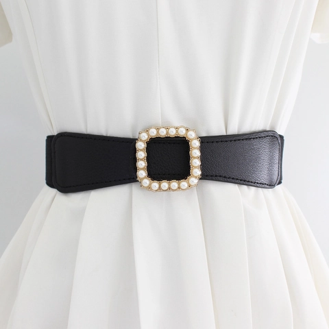 Cintura Elastica in Vita da Donna con Fibbia in Lega Dorata Quadrata con Perle Artificiali Intarsiate in Pelle PU per Vestiti