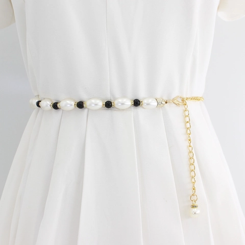 Elegante Catena da Vita con Perle Artificiali da Donna con Cintura in Lega di Zinco con Strass per Gonne Abiti Gioielli Moda Oro Bianco Nero