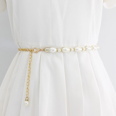 Elegante Catena da Vita con Perle Artificiali da Donna con Cintura in Lega di Zinco con Strass per Gonne Abiti Gioielli Moda Oro Bianco Nero