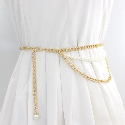Catena da Vita Donna Elegante a Più Strati con Perle Artificiali Catena per il Corpo in Lega di Zinco Oro per Abiti Blazer Accessorio