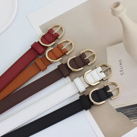Damen Mode Schmaler PU-Leder Gürtel Mit Goldener Doppel-D-Dornschließe Minimalistischer Dekorativer Bund Für Kleider Jeans