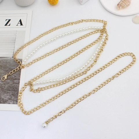 Catena da Vita Donna Elegante a Più Strati con Perle Artificiali Catena per il Corpo in Lega di Zinco Oro per Abiti Blazer Accessorio