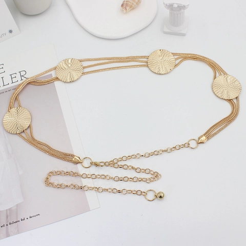 Cintura a Catena Oro Donna Con Dischi di Metallo Rotondi Catena in Vita Decorativa Multistrato Per Vestiti Chiusura a Gancio