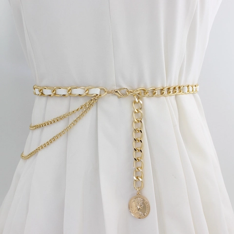 Elegante Cintura Donna a Catena in Metallo Oro Con Ciondolo Moneta Multistrato in Pelle PU Intrecciata per Vestito Maglione Accessori