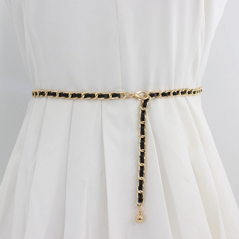 Damen Mode Kettengürtel Legierung Metall PU Geflochten Dünner Taillengürtel Dekorativer Runder Anhänger Elegant Kleid Accessoire