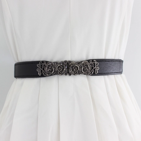 Vintage Rose Flower Buckle Elastic Waist Belt For Women Decorative PU Leather Thin Corset Belt For Dresses Sweaters