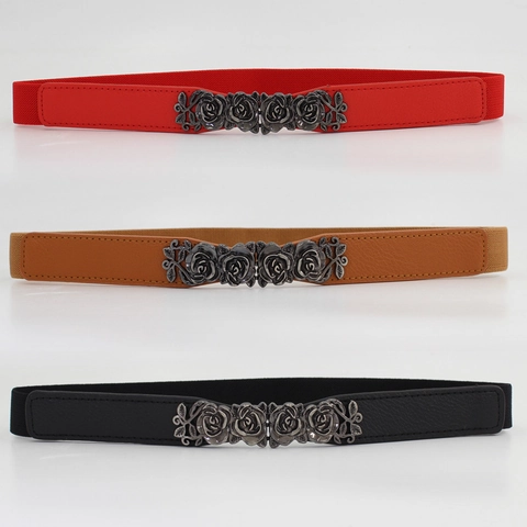 Vintage Rose Flower Buckle Elastic Waist Belt For Women Decorative PU Leather Thin Corset Belt For Dresses Sweaters