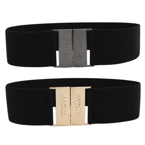 Women Vintage Embossed Elastic Waist Belt With Alloy Interlocking Buckle Retro Wide Waist Cincher For Dress Coat Accessory