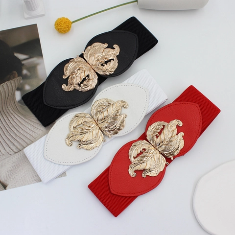 Cintura Elastica Larga da Donna Con Fibbia a Foglia d'Oro in Pelle PU Cintura a Corsetto Estensibile per Vestito Cappotto Giacca Accessorio