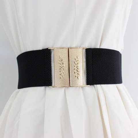 Women Vintage Embossed Elastic Waist Belt With Alloy Interlocking Buckle Retro Wide Waist Cincher For Dress Coat Accessory