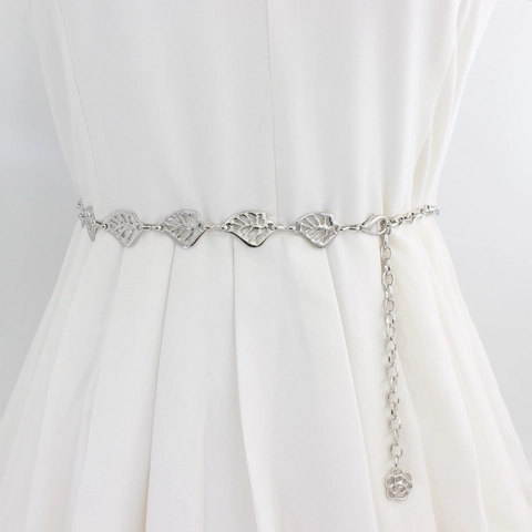 Cinturón de Cadena de Cintura de Metal con Hojas Caladas para Mujer Aleación de Zinc Ajustable Color Plata con Colgante de Flor