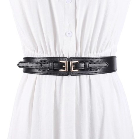 Cintura a Corsetto Elastica da Donna Doppia Fibbia ad Ardiglione Pelle PU Regolabile Stretch Decorazione Vestito Girovita