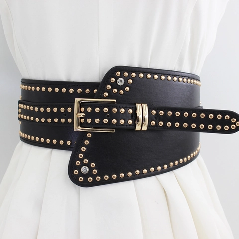 Women Vintage Punk Rivet Rhinestone Corset Belt Wide Elastic Waist Cincher PU Leather Dress Decor Waistband With Alloy Buckle