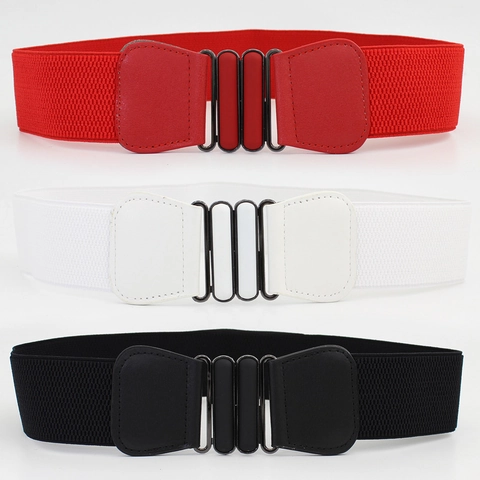Women Elastic Wide Corset Belt PU Leather Alloy Oval Interlocking Buckle Stretch Waist Cinch Belt For Dress Coat