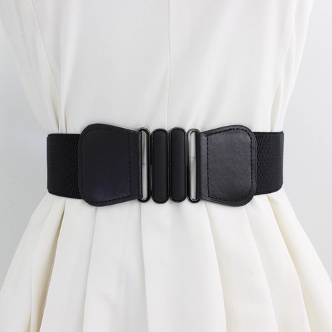 Women Elastic Wide Corset Belt PU Leather Alloy Oval Interlocking Buckle Stretch Waist Cinch Belt For Dress Coat