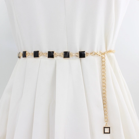 Women Elegant Gold Alloy Chain Waist Belt Minimalist Black White Enamel Geometric Square Rhombus Decorative Dress Belt Jewelry