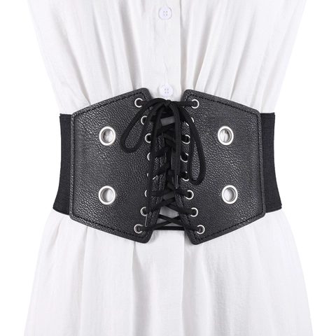 Women Wide Hand Woven Corset Belt Elastic PU Leather Lace Up Cincher With Metal Eyelets For Dresses Coats Accessories