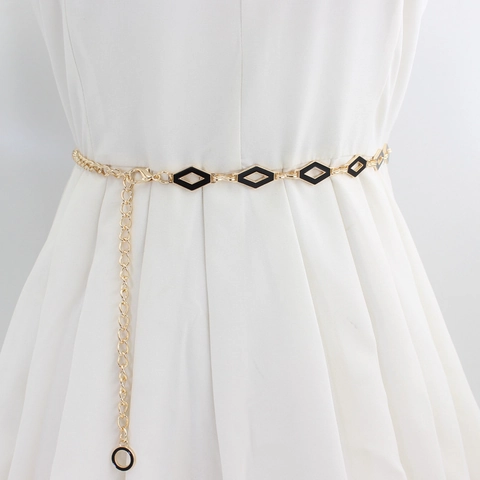 Women Elegant Gold Alloy Chain Waist Belt Minimalist Black White Enamel Geometric Square Rhombus Decorative Dress Belt Jewelry