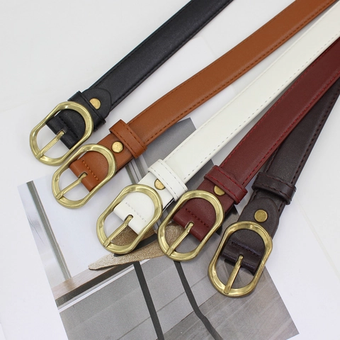 Women Vintage Oval Alloy Buckle PU Leather Thin Belt Korean Style Ins Fashion Waist Strap For Jeans Dresses Casual Jewelry