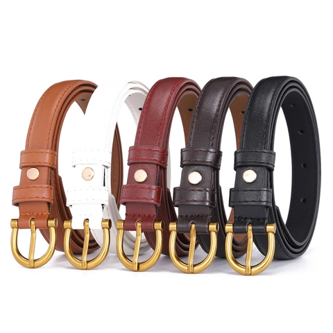 Women Vintage PU Leather Thin Belt With Gold Horseshoe Buckle Retro Solid Color Slim Waistband For Jeans Dress Ladies Decorative Belt