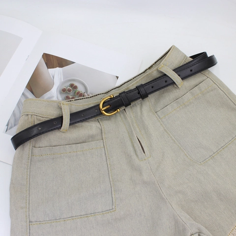 Women Vintage PU Leather Thin Belt With Gold Horseshoe Buckle Retro Solid Color Slim Waistband For Jeans Dress Ladies Decorative Belt