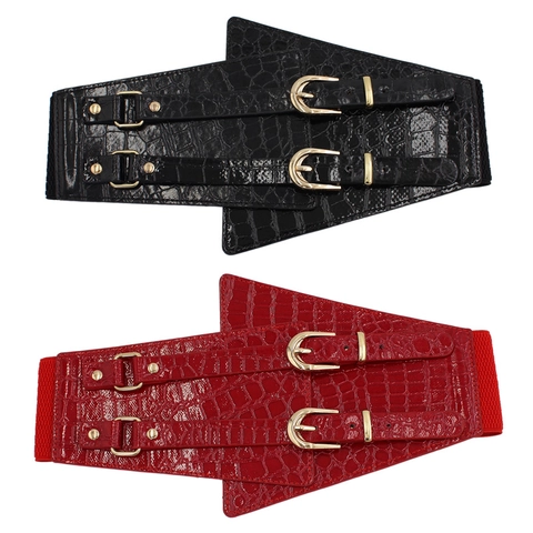 Cintura Corsetto Larga da Donna Retrò Texture Coccodrillo Pelle PU Oro Doppia Fibbia Fascia Elastica in Vita per Abiti Cappotto Moda Cintura Decorativa