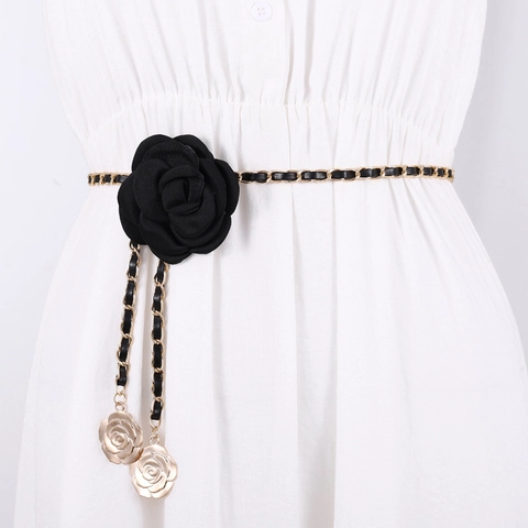 Elegante Cintura a Catena con Camelia per Donna in Metallo e Pelle PU Intrecciata Cintura Decorativa Regolabile per Abiti