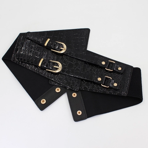 Cintura Corsetto Larga da Donna Retrò Texture Coccodrillo Pelle PU Oro Doppia Fibbia Fascia Elastica in Vita per Abiti Cappotto Moda Cintura Decorativa