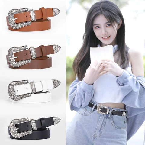 Damen Vintage PU Ledergürtel Mit Blumig Graviert Legierung Schnalle Dreiteiliges Set Western Boho Retro Lässig Hüftgürtel