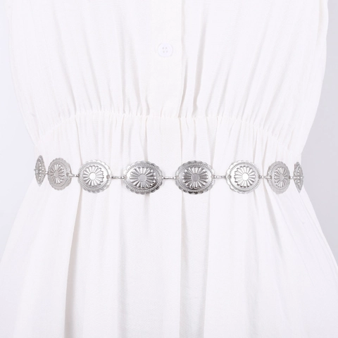 Cintura a Catena in Metallo Argento Vintage Bohemian per Donna Catena a Vita Regolabile Con Rilievo Floreale per Abiti Gioielli