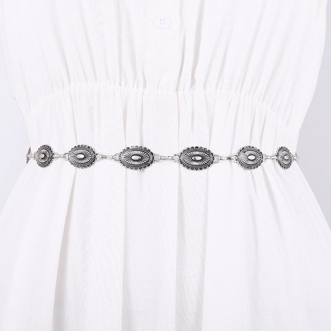 Cintura a Catena in Metallo Argento Vintage Bohemian per Donna Catena a Vita Regolabile Con Rilievo Floreale per Abiti Gioielli