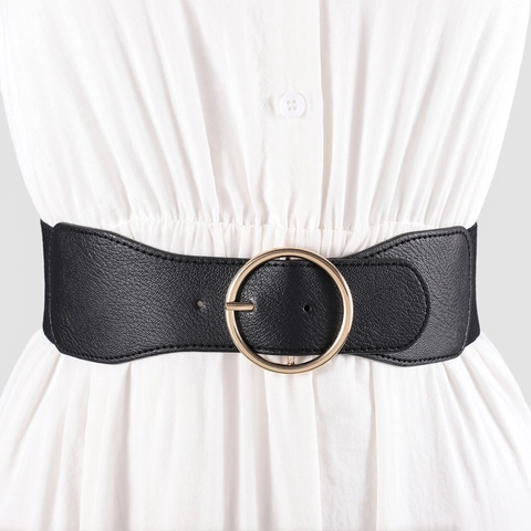 Women Wide Elastic Corset Belt Round Gold Metal Buckle Fashion PU Leather Stretch Waistband For Dresses Coats Jackets