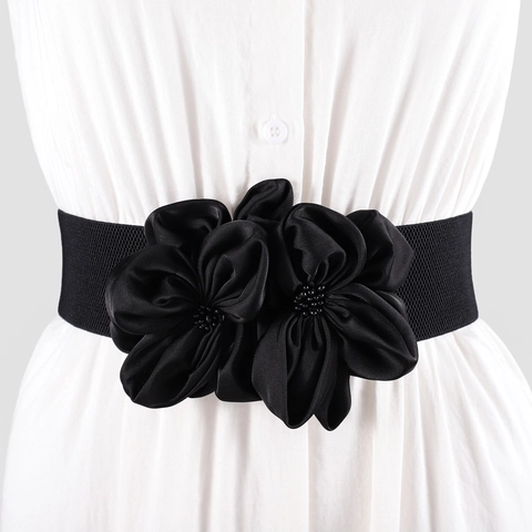 Women Fashion Floral Elastic Corset Belt Elegant Bowknot Stretch Waist Cinch For Dress Cotton Artificial Pearl Decoration