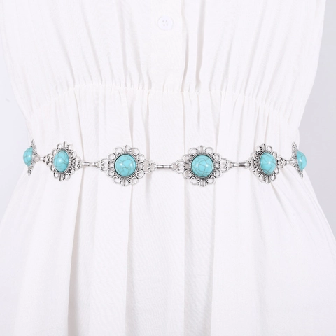 Cintura a Catena in Metallo Vintage Bohémien per Donna Intarsio in Turchese Ovale Rotondo Cintura Regolabile Retrò Oro Argento Moda