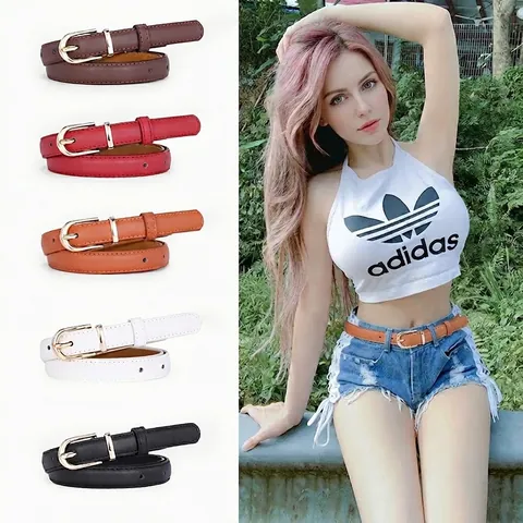 Damen Minimalist Schmaler Gürtel PU Leder Gold Legierung Dornschließe Verstellbarer Hüftgurt Für Kleider Jeans Hosen Dekorativ