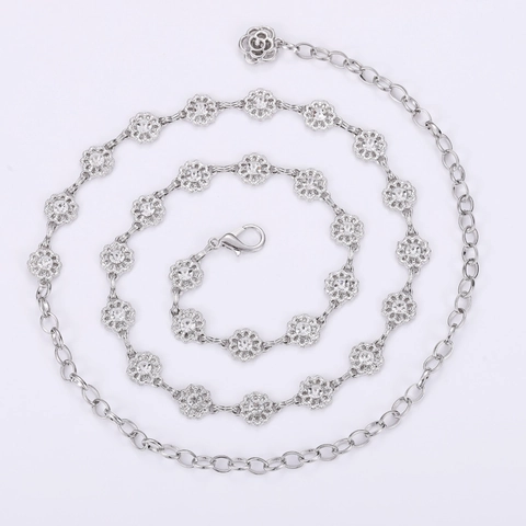 Vintage Alloy Rhinestone Flower Waist Chain For Women Adjustable Metal Chain Belt Decorative Dress Accessory Silver Color