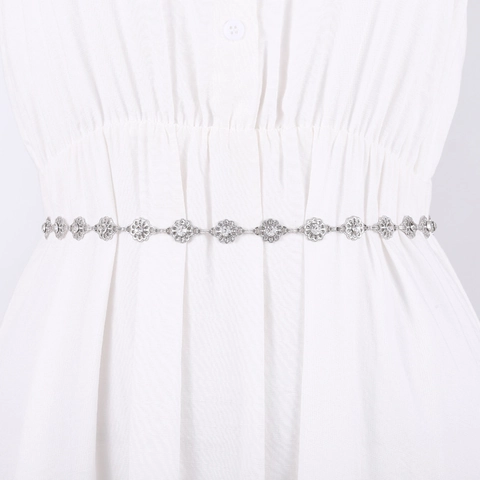 Vintage Alloy Rhinestone Flower Waist Chain For Women Adjustable Metal Chain Belt Decorative Dress Accessory Silver Color