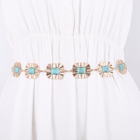 Cintura a Catena da Vita in Metallo Boho Vintage per Donna Con Intarsio Rettangolare in Turchese Artificiale Regolabile