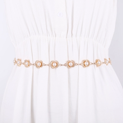 Catena a Vita Elegante da Donna in Metallo Con Fiore di Prugno e Perla Artificiale Cintura Regolabile Accessorio Moda