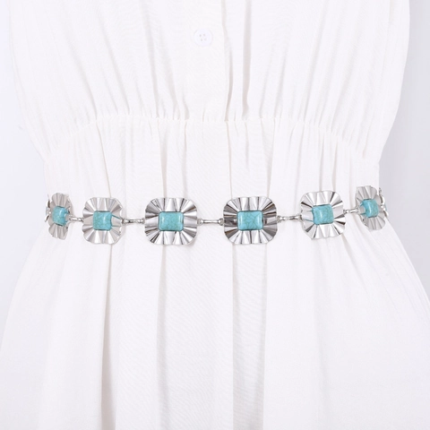 Cintura a Catena da Vita in Metallo Boho Vintage per Donna Con Intarsio Rettangolare in Turchese Artificiale Regolabile