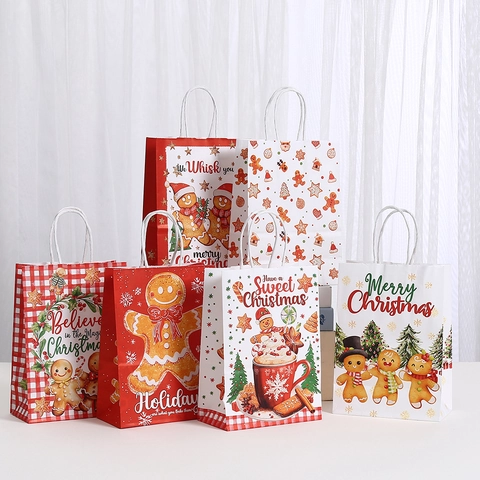 Sacs Cadeaux en Papier Kraft Bonhomme de Pain d'Épices de Noël Avec Poignées Sacs de Friandises Imprimés pour Emballage de Bonbons