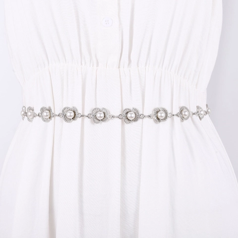 Catena a Vita Elegante da Donna in Metallo Con Fiore di Prugno e Perla Artificiale Cintura Regolabile Accessorio Moda