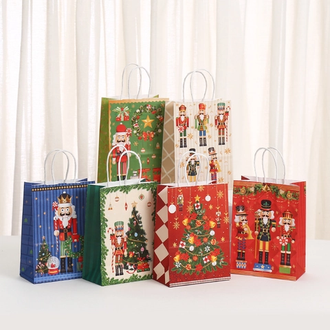 Christmas Nutcracker Kraft Paper Gift Bags With Handles Cartoon Print Holiday Party Favors Treats Candy Packaging Bag For Xmas